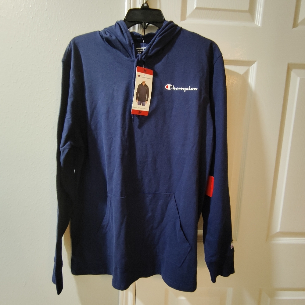 New Champion Men’s Medium Knit Long Sleeve Hoodie Lightweight Shirt Navy Blue